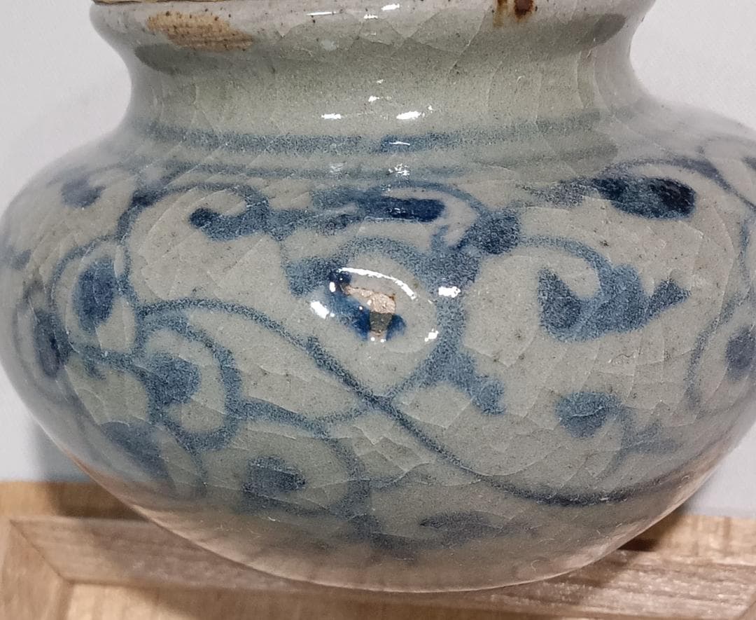 茶道具　安南茶入　安南染付唐草文茶入　繧繝双鳥華紋錦仕覆付　仕立桐箱　美品！！