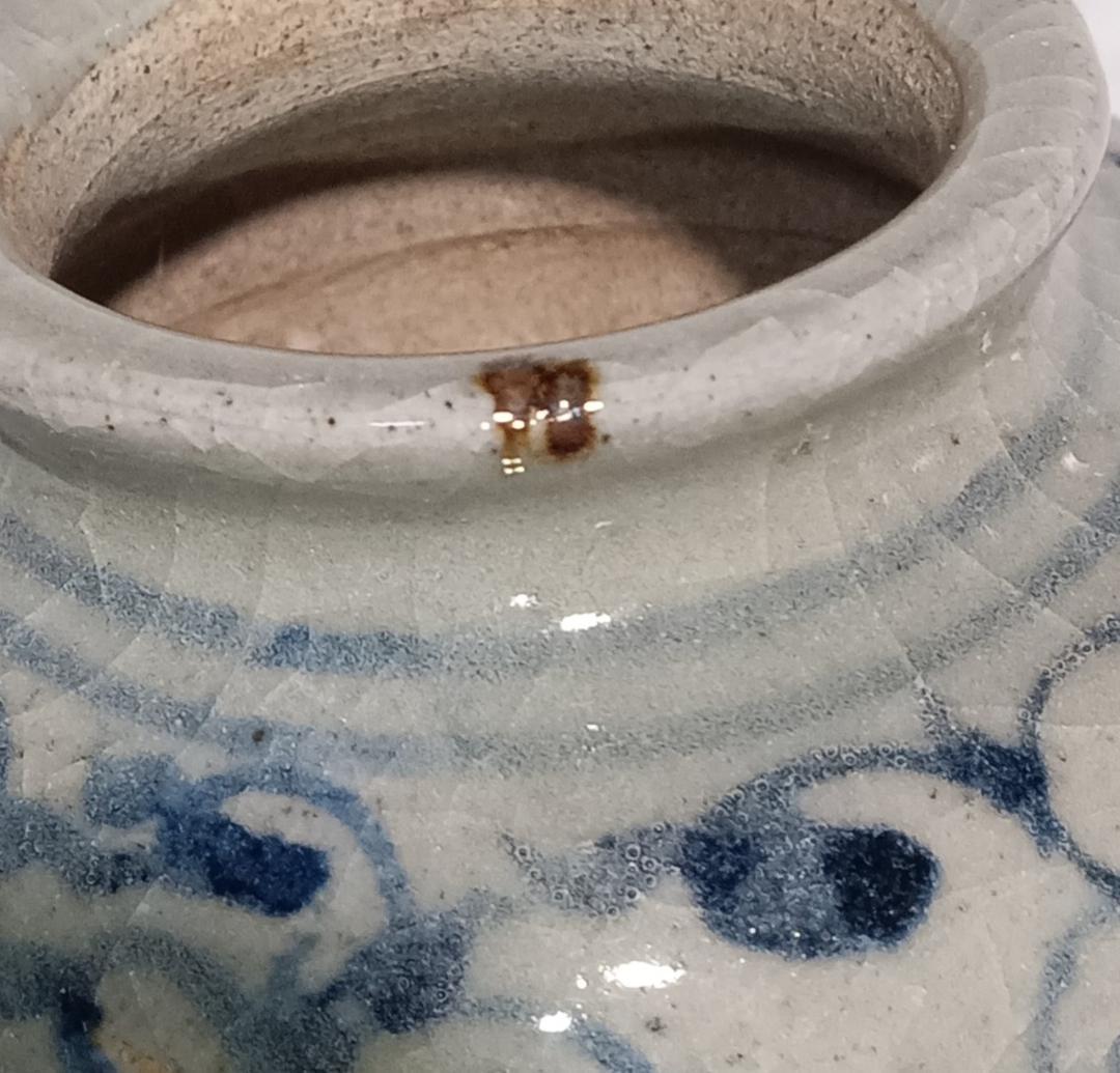茶道具　安南茶入　安南染付唐草文茶入　繧繝双鳥華紋錦仕覆付　仕立桐箱　美品！！