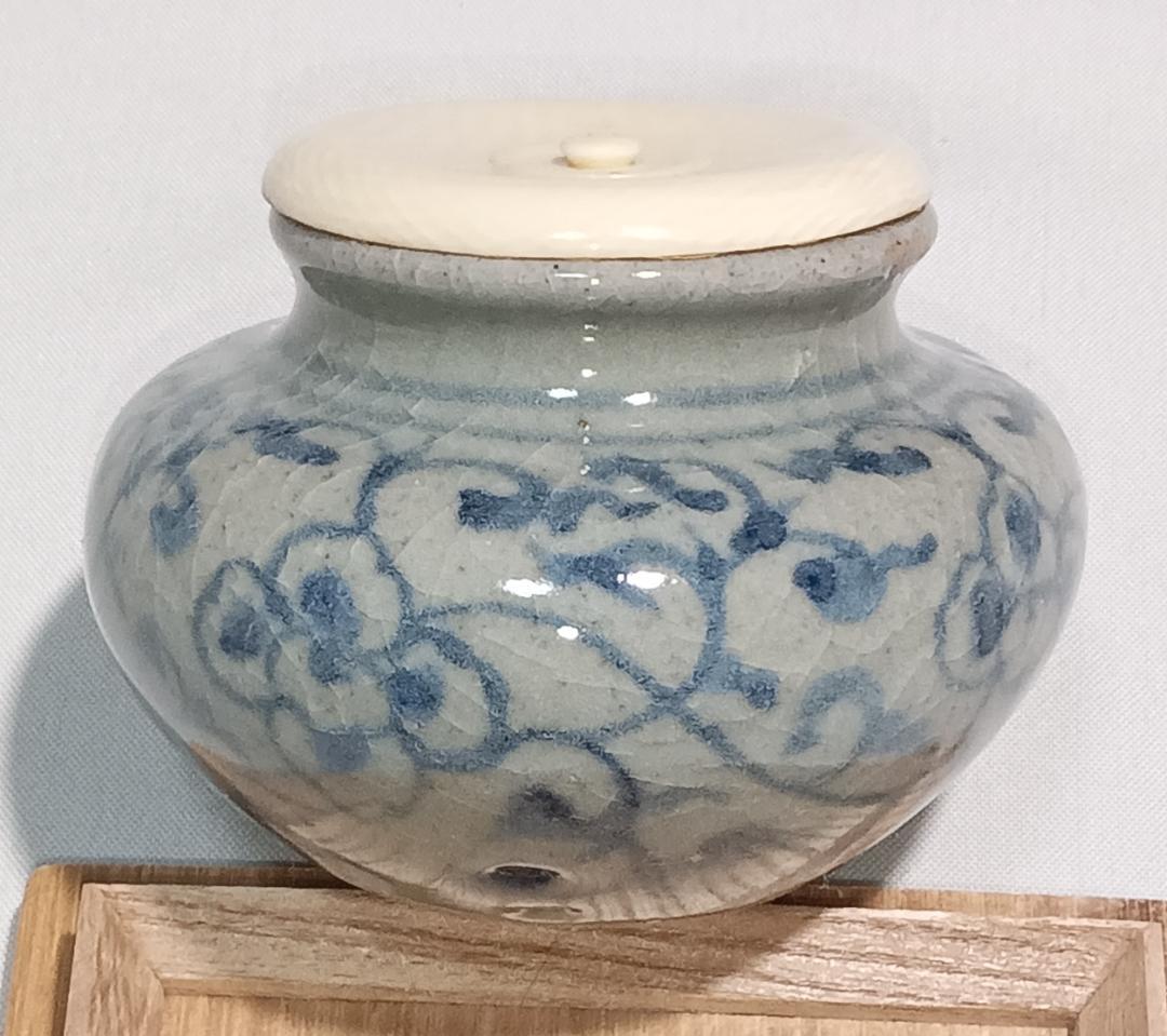 茶道具　安南茶入　安南染付唐草文茶入　繧繝双鳥華紋錦仕覆付　仕立桐箱　美品！！