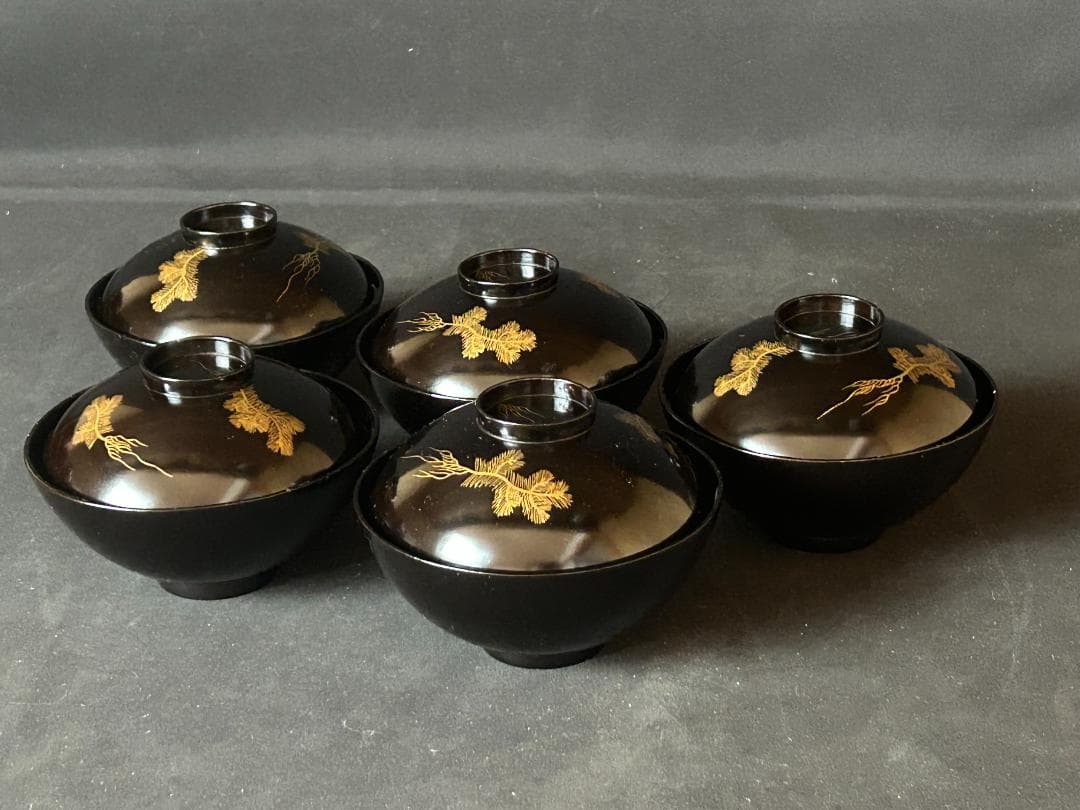 時代 輪島塗 沈金蒔絵 松文 黒塗 吸物椀 5客 茶懐石道具 s27