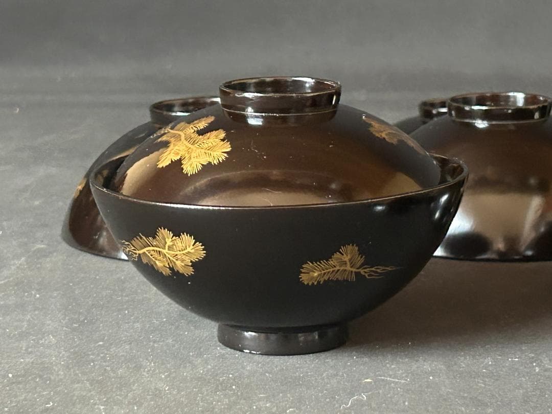 時代 輪島塗 沈金蒔絵 松文 黒塗 吸物椀 5客 茶懐石道具 s27