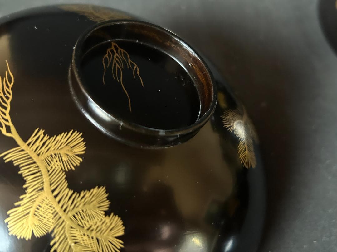 時代 輪島塗 沈金蒔絵 松文 黒塗 吸物椀 5客 茶懐石道具 s27