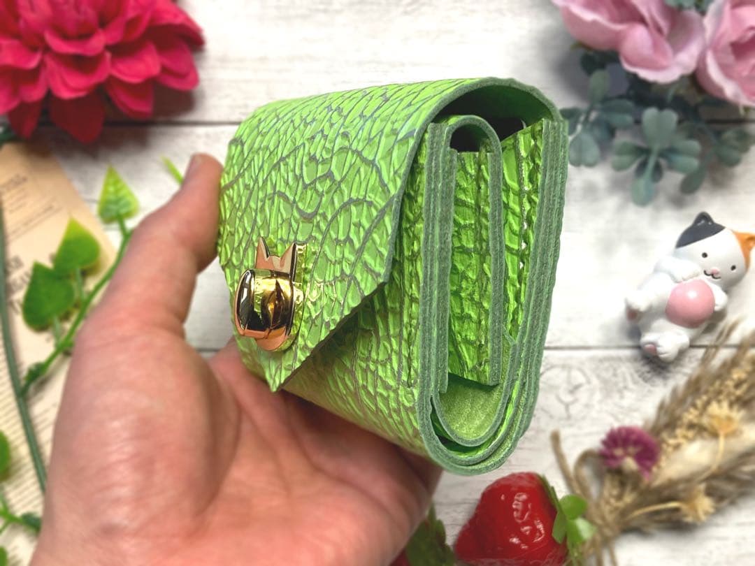 ❤【猫×メロン♪】お洒落可愛い猫モチーフの総本革コンパクトミニ財布♪メロン柄