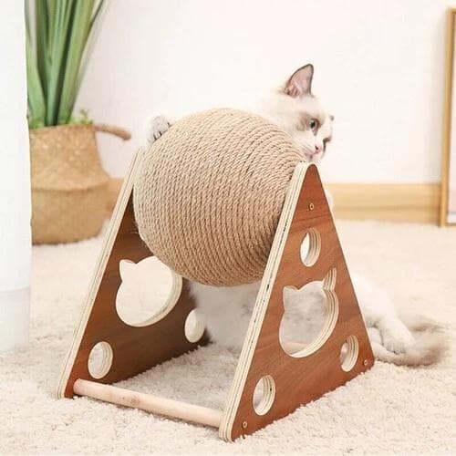 【新品未使用】おしゃれな木製猫用爪とぎボール 猫壱 麻 爪研ぎ トンネルおもちゃ