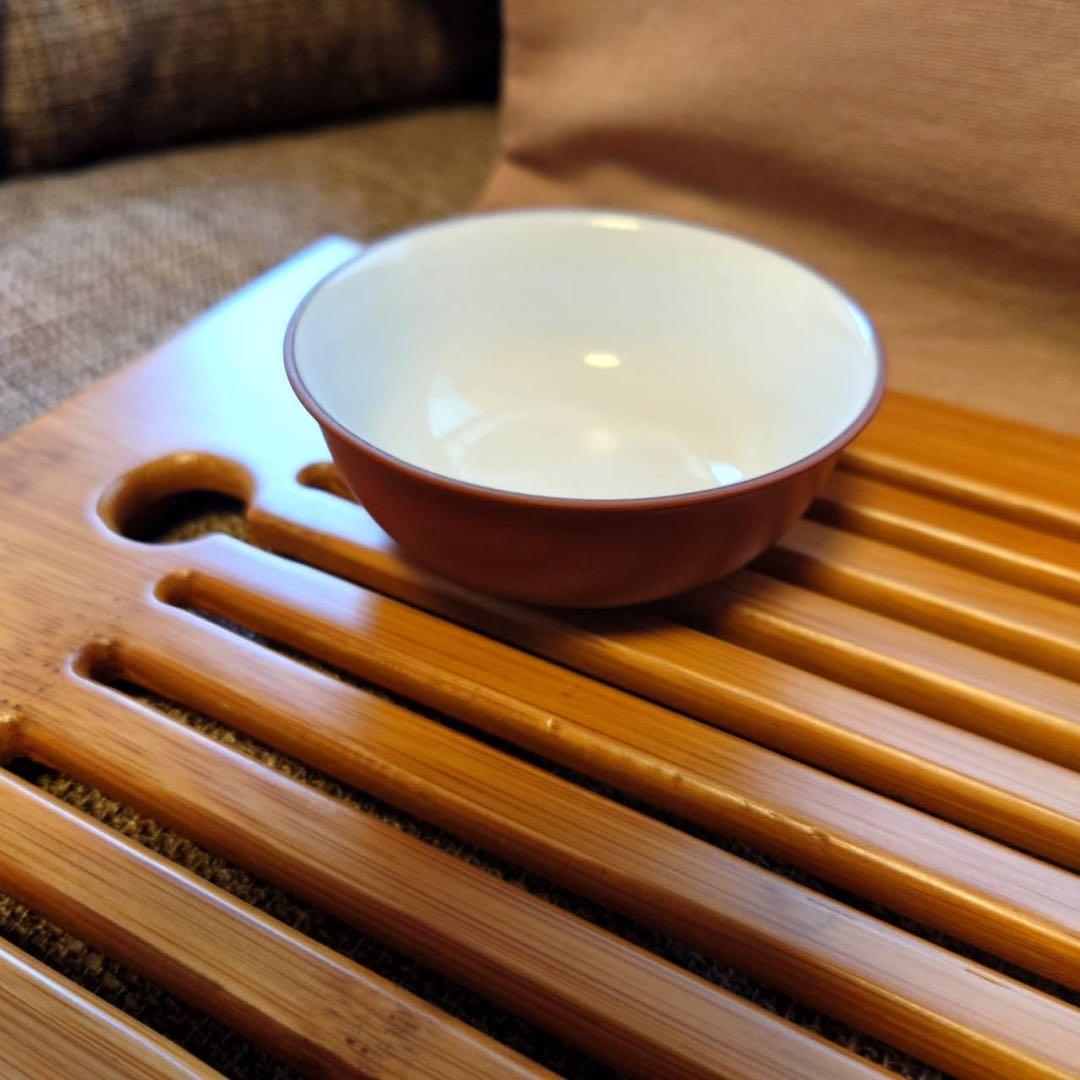 中国茶器　竹茶盤付 宜興朱泥急須　仕覆付 完品 功夫茶道具 高級箱入