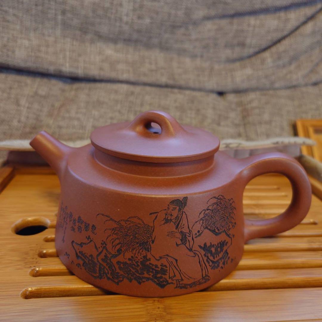 中国茶器　竹茶盤付 宜興朱泥急須　仕覆付 完品 功夫茶道具 高級箱入