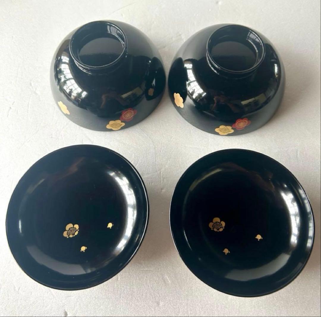 高級漆器 伝統工芸 漆塗 蓋付き お吸物椀 5客　梅 金蒔絵 会津塗