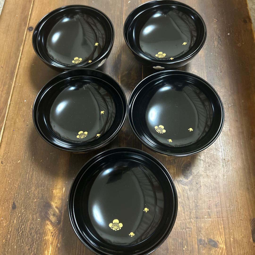 高級漆器 伝統工芸 漆塗 蓋付き お吸物椀 5客　梅 金蒔絵 会津塗