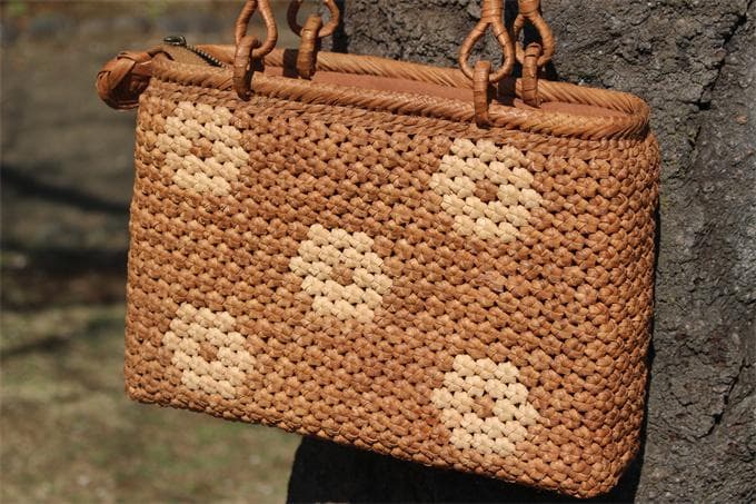 六角花結び編み 山葡萄 かごバッグ カゴ バッグ 小粒花編み