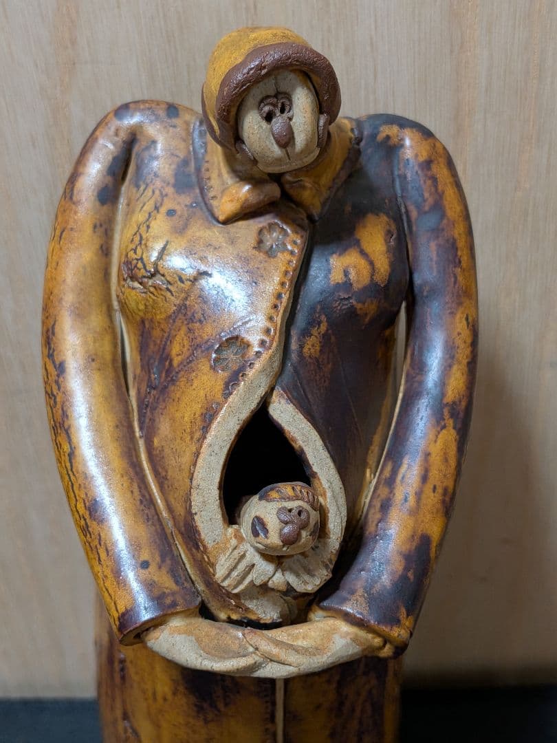 陶器 親子像 オブジェ 約21cm 在銘 置物 インテリア 陶芸作品