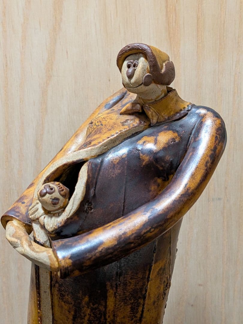 陶器 親子像 オブジェ 約21cm 在銘 置物 インテリア 陶芸作品