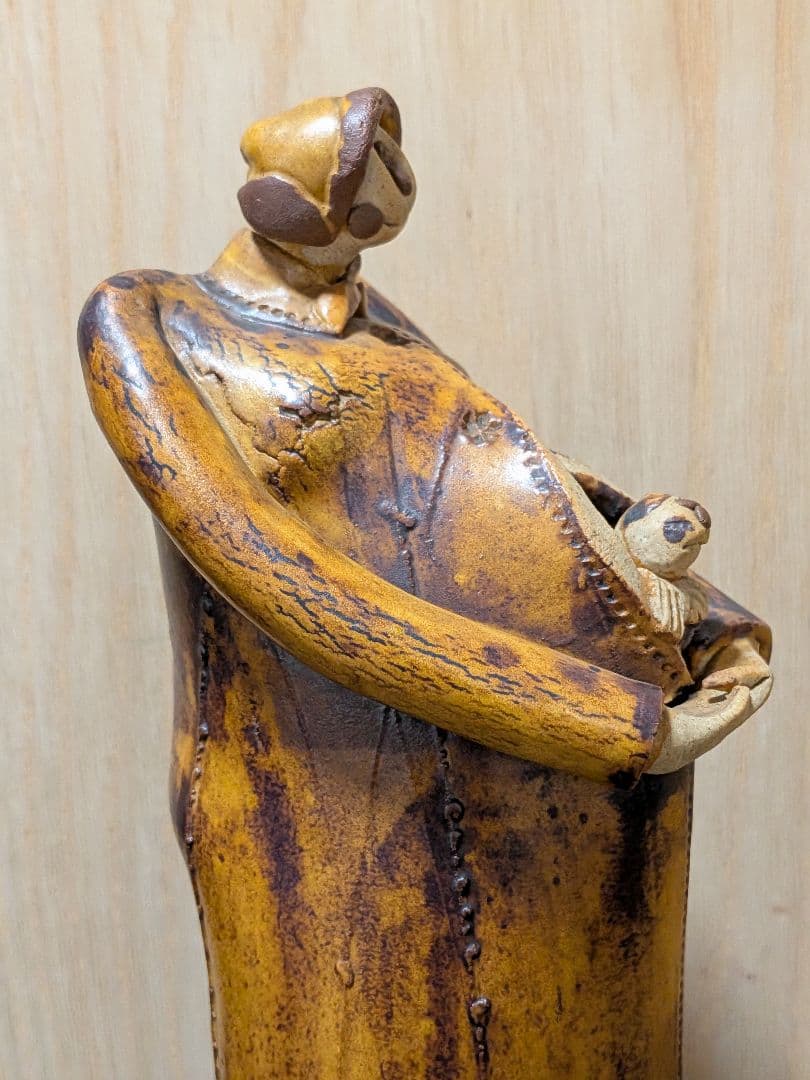 陶器 親子像 オブジェ 約21cm 在銘 置物 インテリア 陶芸作品