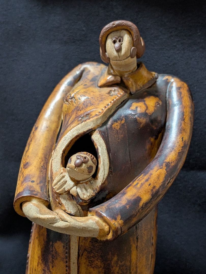陶器 親子像 オブジェ 約21cm 在銘 置物 インテリア 陶芸作品