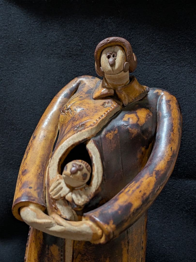 陶器 親子像 オブジェ 約21cm 在銘 置物 インテリア 陶芸作品