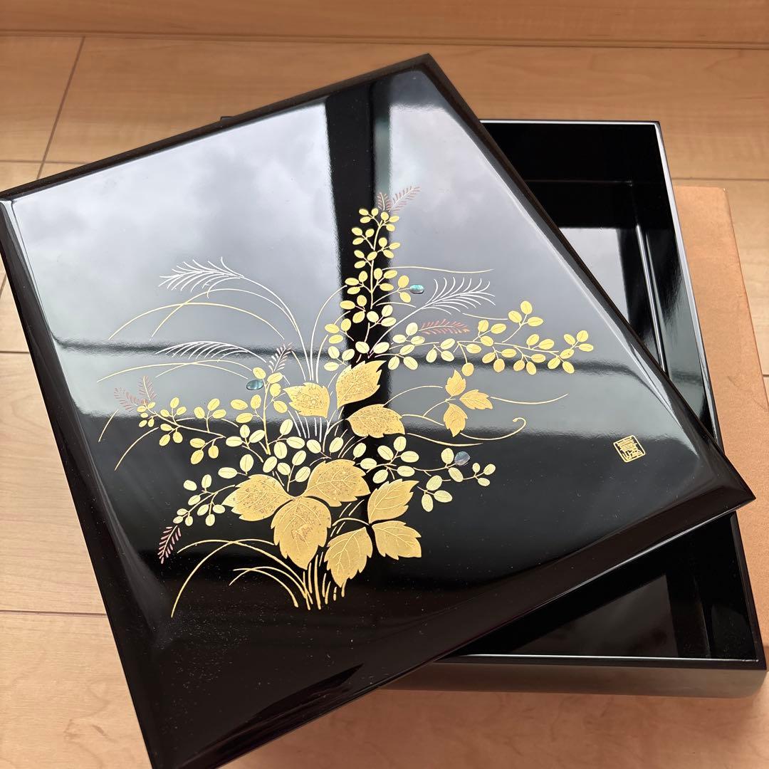 会津塗り　文箱　漆器 重箱 黒色 金色花柄
