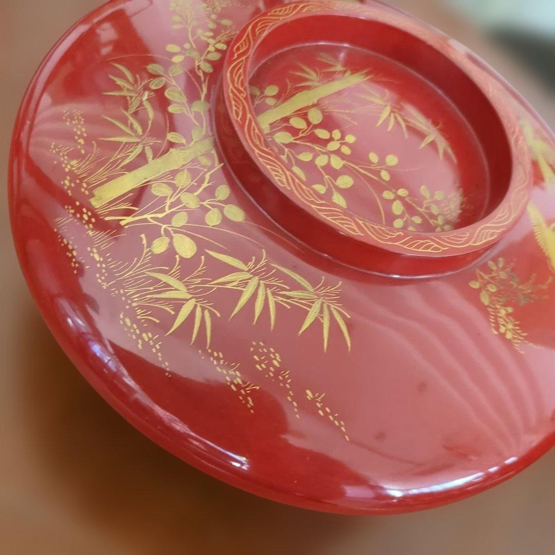 骨董　大平　 漆器 菓子器 蒔絵　蓋付き　木製　漆　椀　朱赤　金彩
