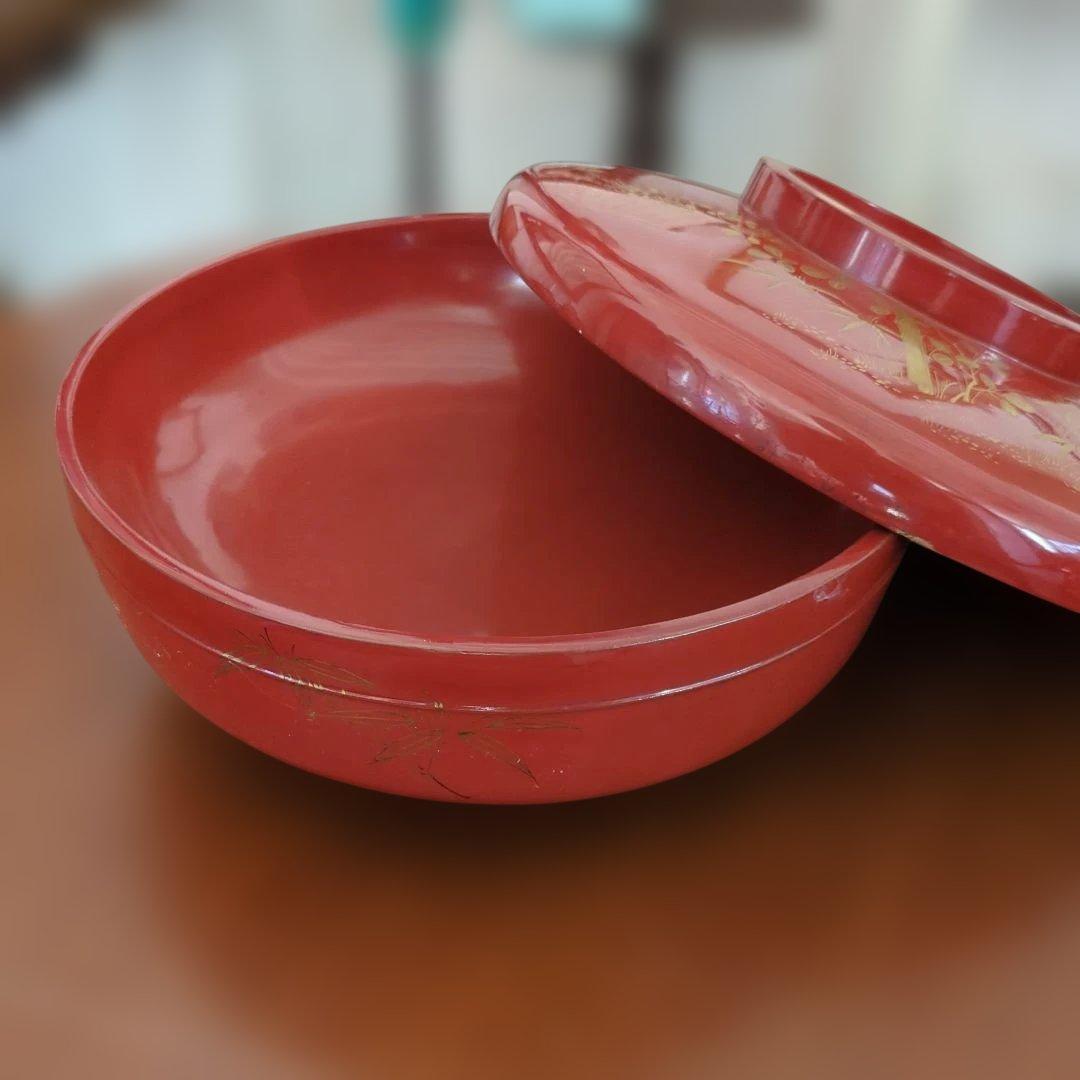 骨董　大平　 漆器 菓子器 蒔絵　蓋付き　木製　漆　椀　朱赤　金彩