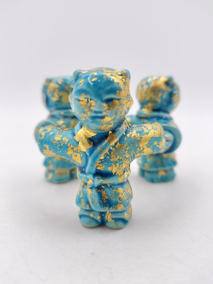 d031【未使用品】蓋置　浅黄交趾 三ツ人形 中村翠嵐 木箱 茶道具