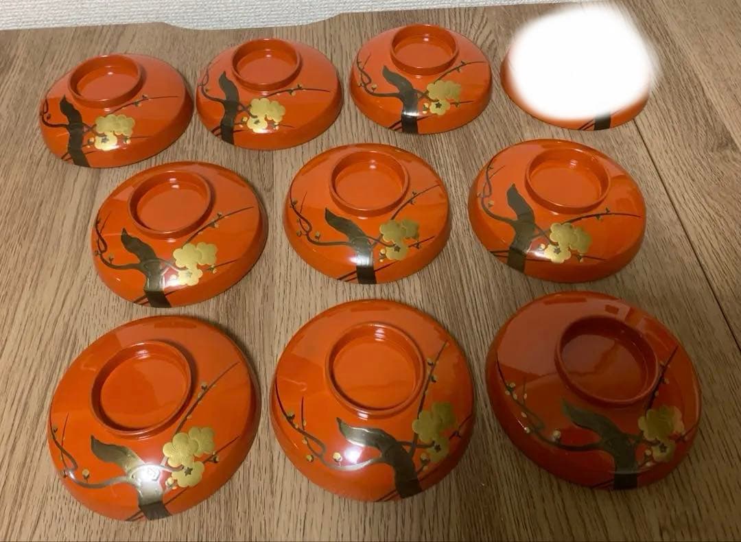 【最終価格】大正時代　沈金蒔絵木製吸物椀　9客　朱漆塗　煮物椀　未使用品