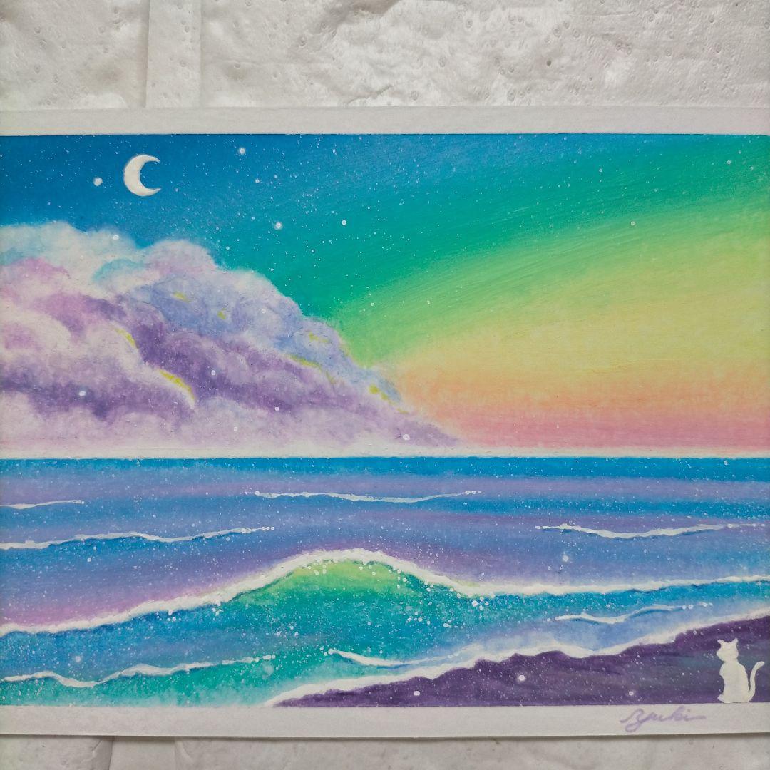 海を見つめる子猫 風景画 オイルパステル画 原画 ハガキサイズ 絵画 #107