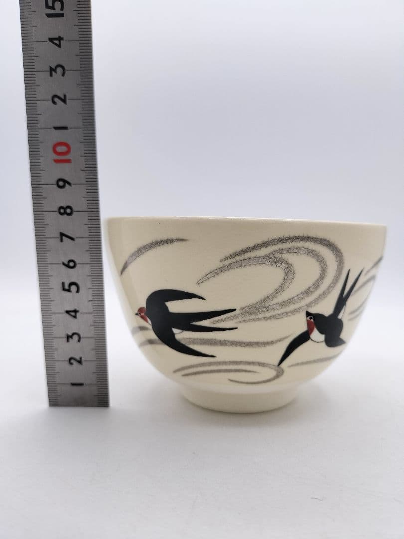 d128【新品・未使用】茶碗 色絵 ツバメ 加藤起楽 紙箱 茶道具