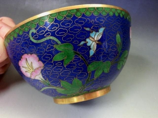 茶碗■銅胎有線七宝 藍地 七宝 朝顔 蝶紋 青 碗 ぐい呑み 古玩唐物 骨董品■