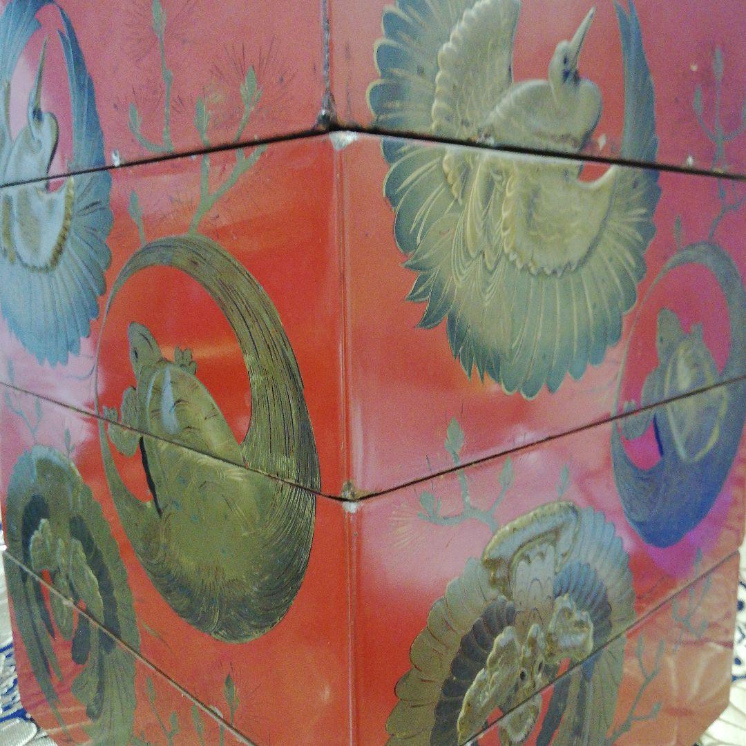 確認用大名家上級武家江戸時代蔵出朱色漆塗本金厚盛蒔絵鶴亀図四段当時物重箱