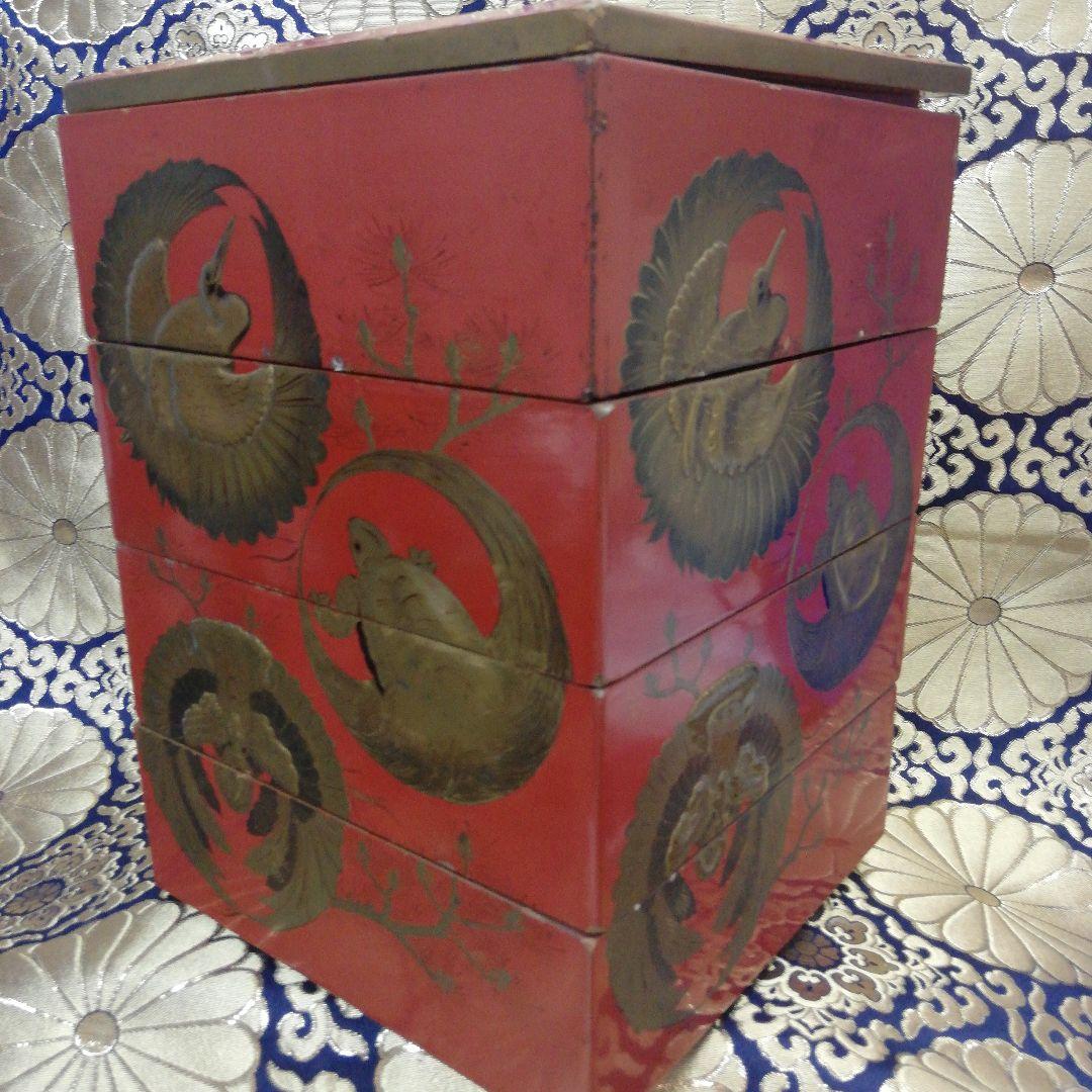 確認用大名家上級武家江戸時代蔵出朱色漆塗本金厚盛蒔絵鶴亀図四段当時物重箱