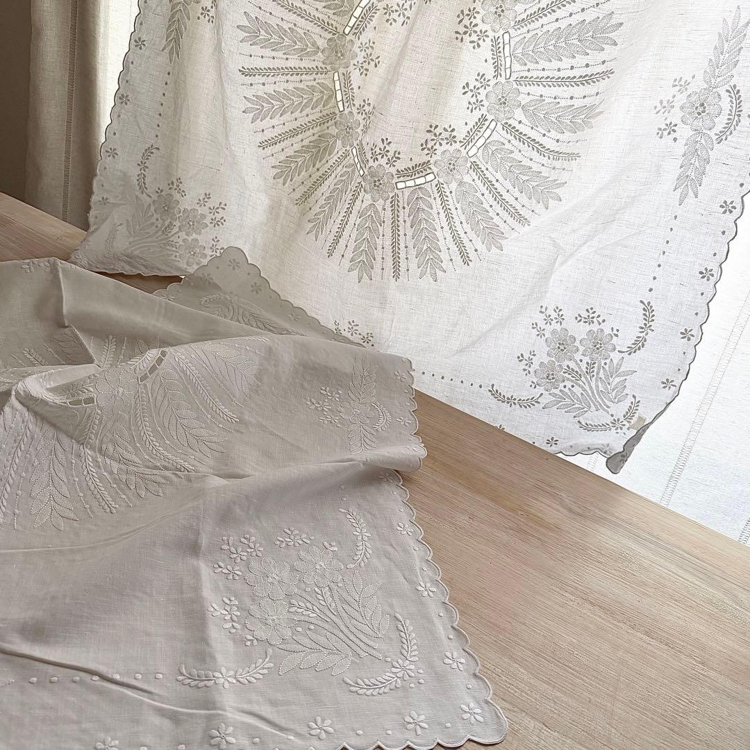 フランスアンティーク風 リネン 刺繍 シャドーワークカットワーク テーブルクロス