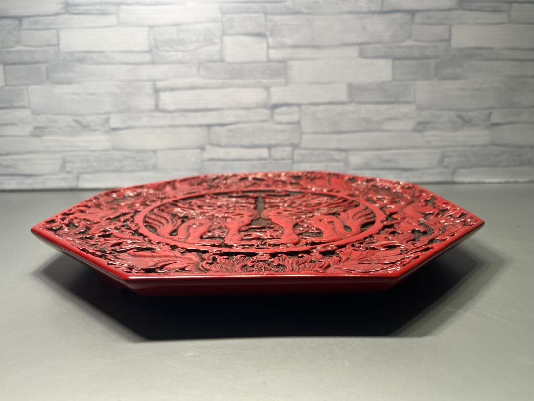 戦前　仙台堆朱　盆　菓子器　麒麟の浮き彫り　名品！