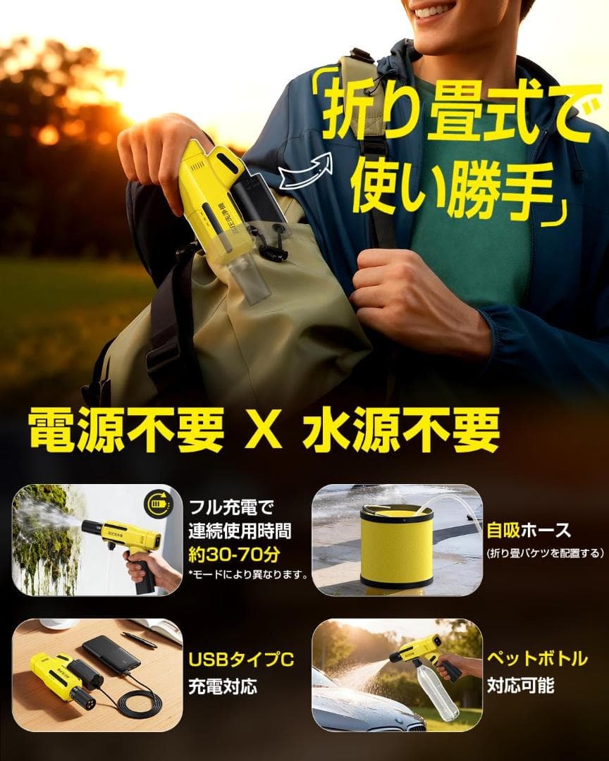 高圧洗浄機 コードレス 850W自吸式 高圧洗浄機 家庭用3段階 6in1ノズル