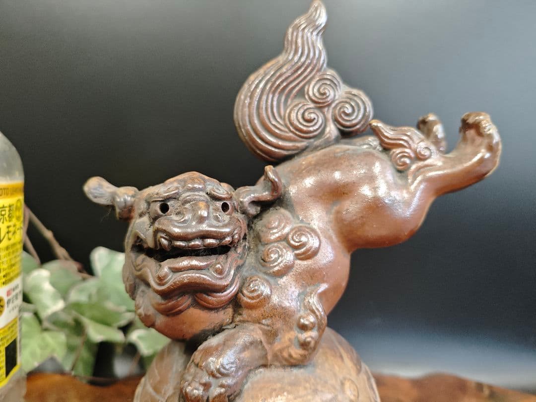 A164備前焼 玉乗り獅子 置物 縁起物 狛犬 伝統工芸 飾り物
