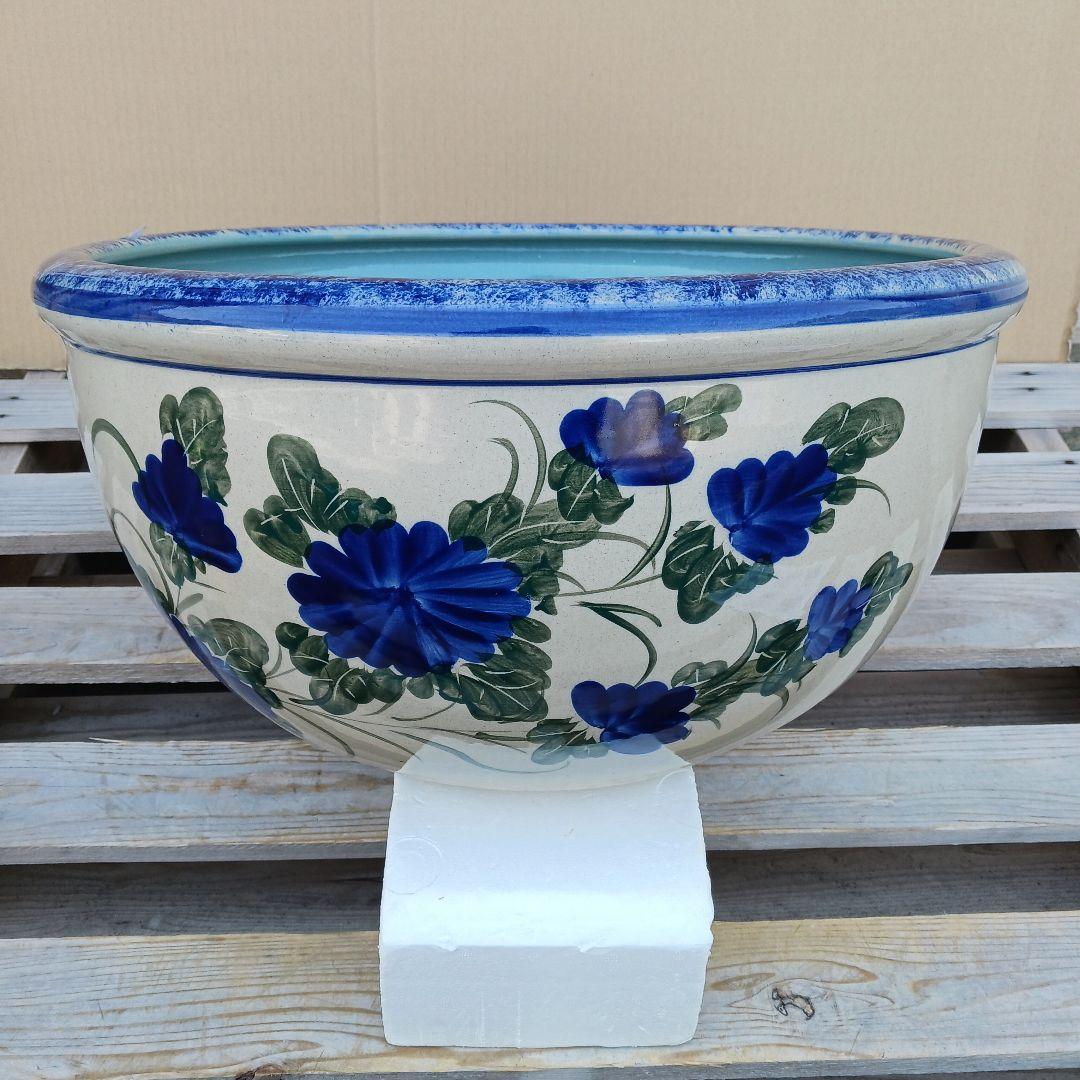 新品　∅50　陶器　睡蓮鉢　大型　メダカ鉢　難有　手書き絵　花柄　手造りLKB2