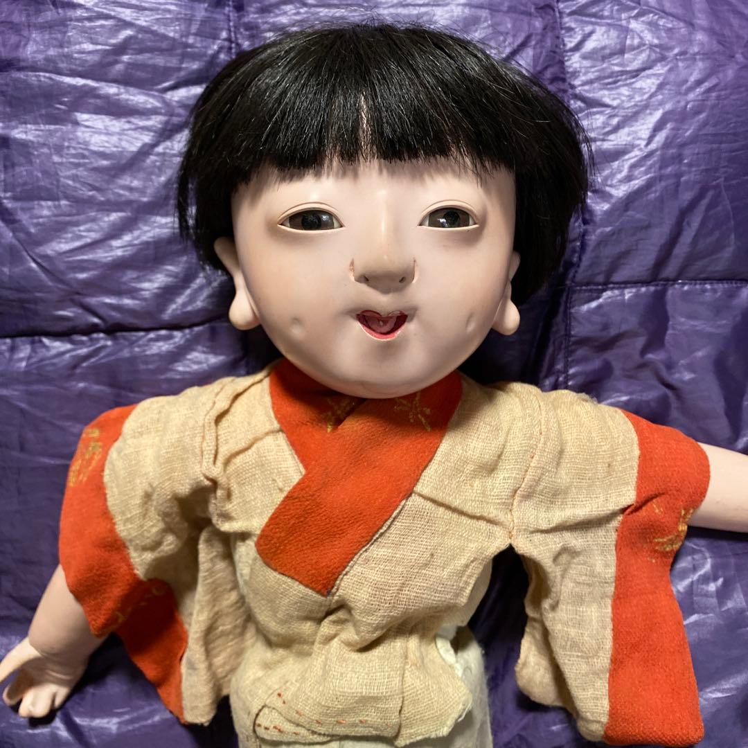 可愛い　明治抱き人形　市松人形　男の子　えくぼ　福耳　４３ｃｍ位　古縮緬着物