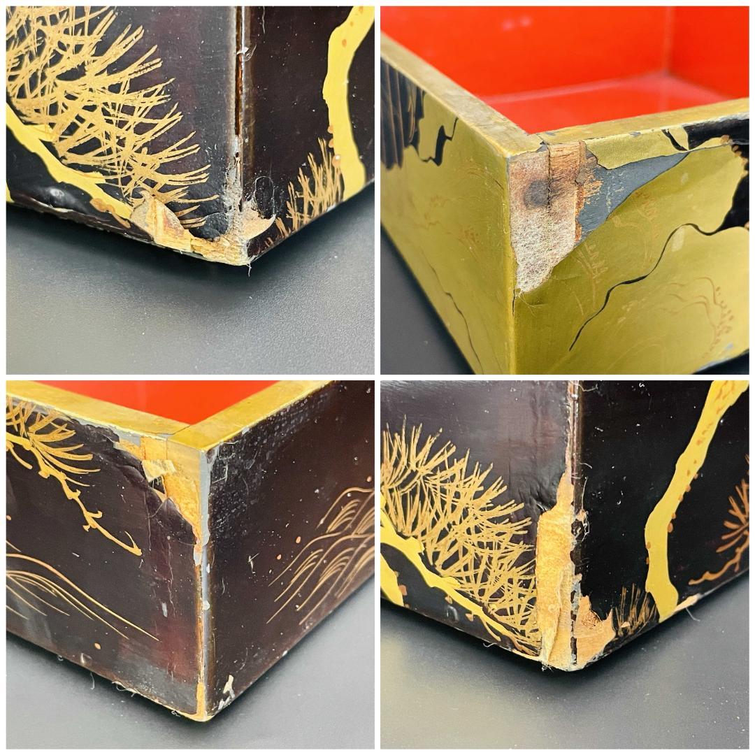 旧家蔵出し 木製漆器 五段重箱 金蒔絵 鶴松図 黒漆内朱 共箱付 R8SD43