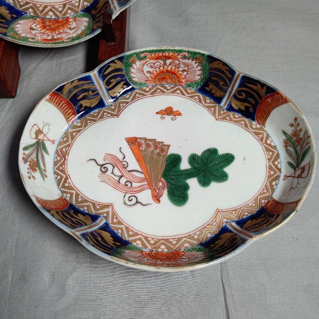 古伊万里 金蘭手 松扇文 膾皿 二客 17×14cm