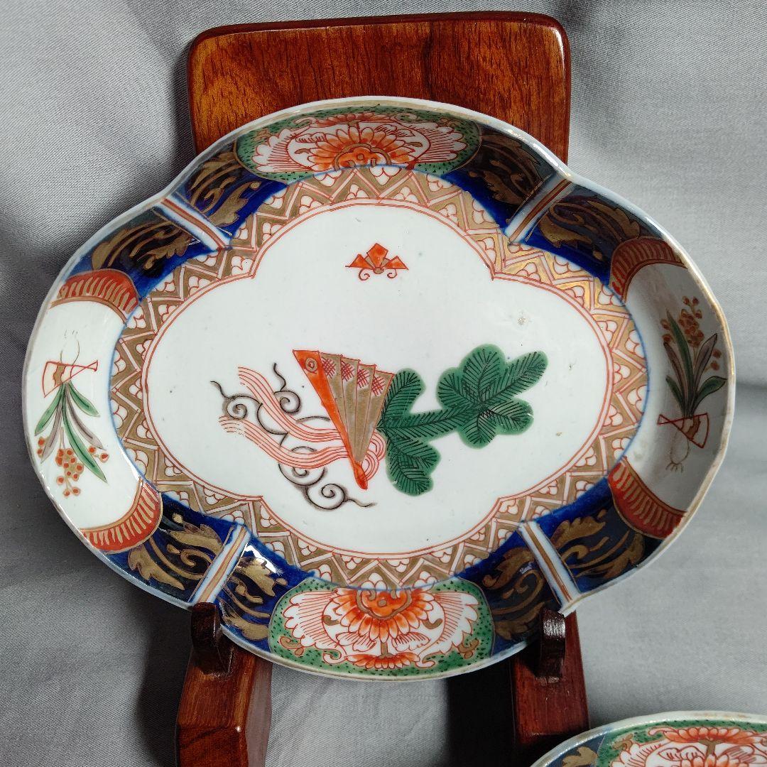 古伊万里 金蘭手 松扇文 膾皿 二客 17×14cm