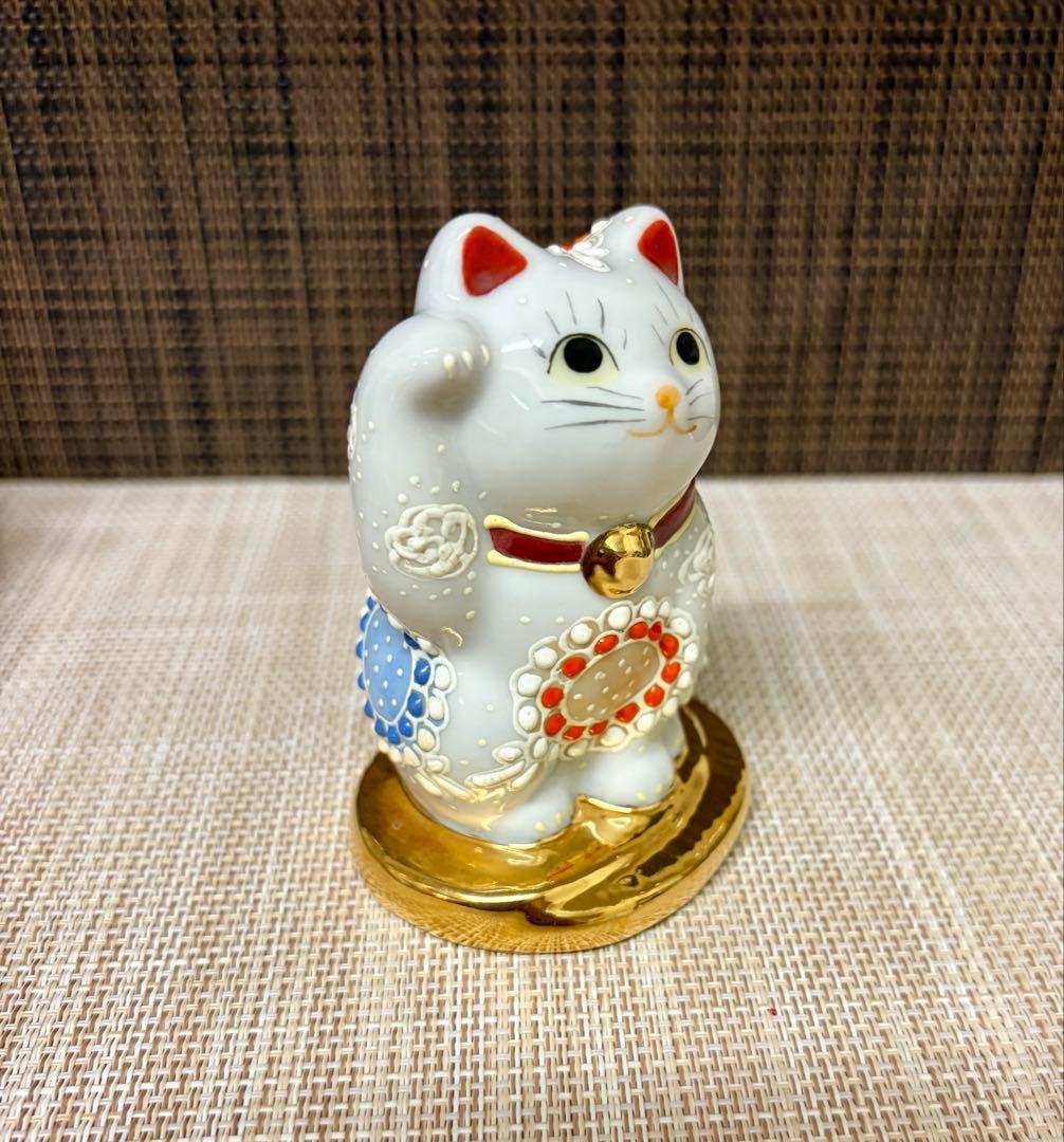 九谷焼 白盛 招き猫 置物