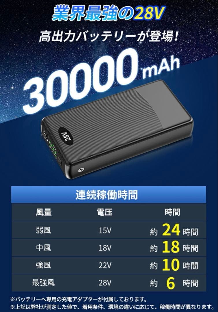 青空 調 服なし 空調ウェア 30000mAHバッテリー セット