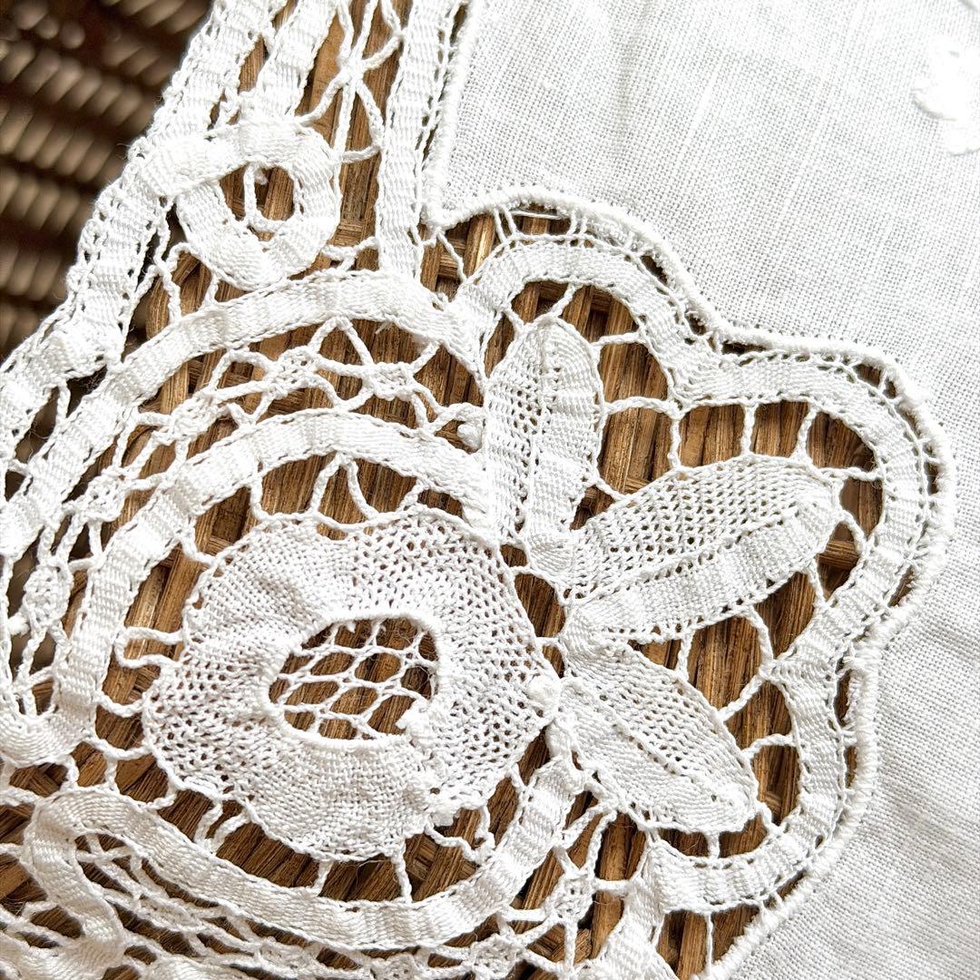 リネン テーブルクロス 82cm白糸刺繍 レース ハンドメイド 手仕事　フランス