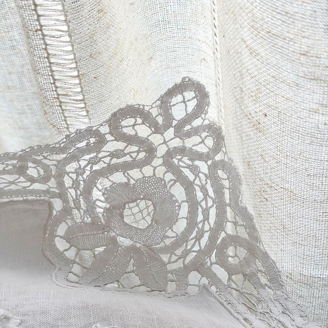 リネン テーブルクロス 82cm白糸刺繍 レース ハンドメイド 手仕事　フランス