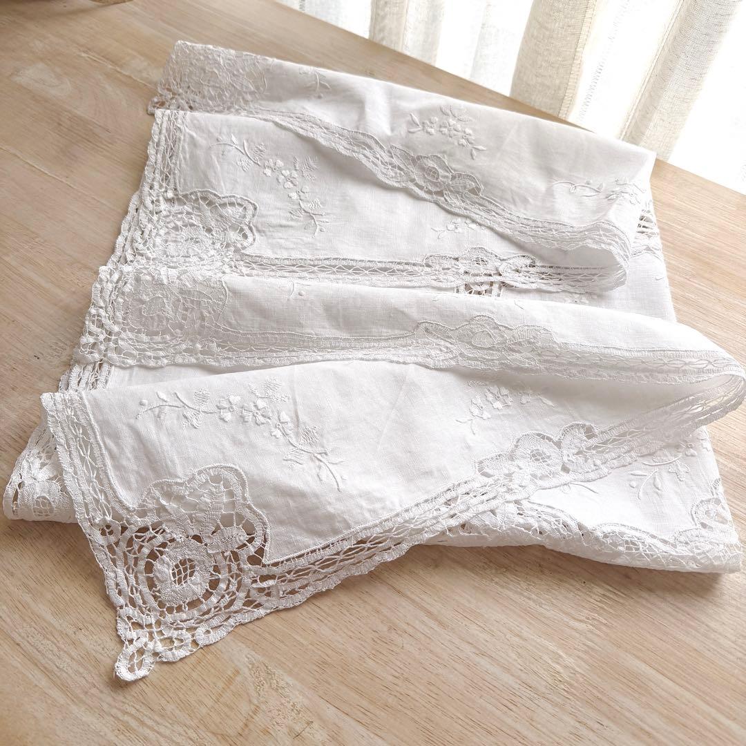 リネン テーブルクロス 82cm白糸刺繍 レース ハンドメイド 手仕事　フランス