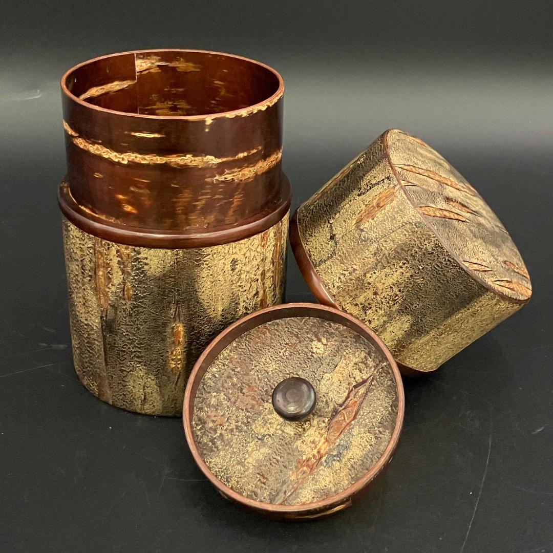 伝統工芸士 藤村志登康 作 樺細工 茶筒 未使用 共箱付　　R8SA327