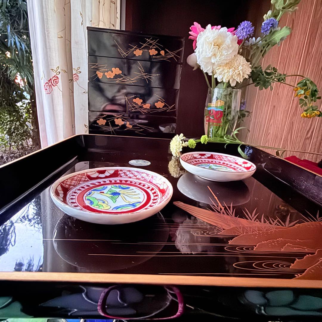 2236様感謝‼️風光る‼️春の豆皿鳳凰と唐花　丸山焼き　赤絵豆皿染付　豆皿5客