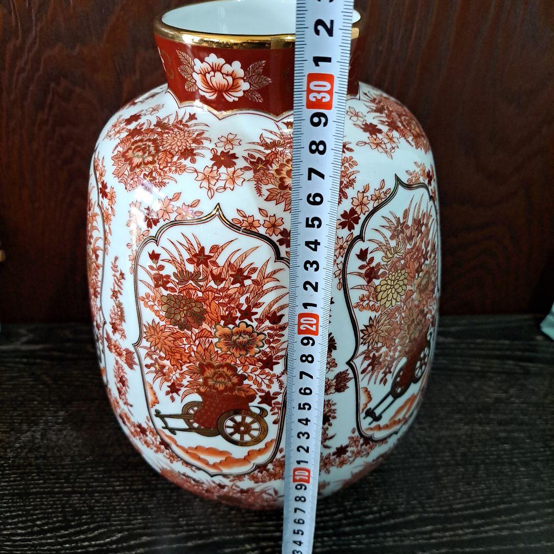 柴田陶器　釉裏壺　六角飾瓶　極上本金使用　金彩赤絵　唐花図　高32㎝