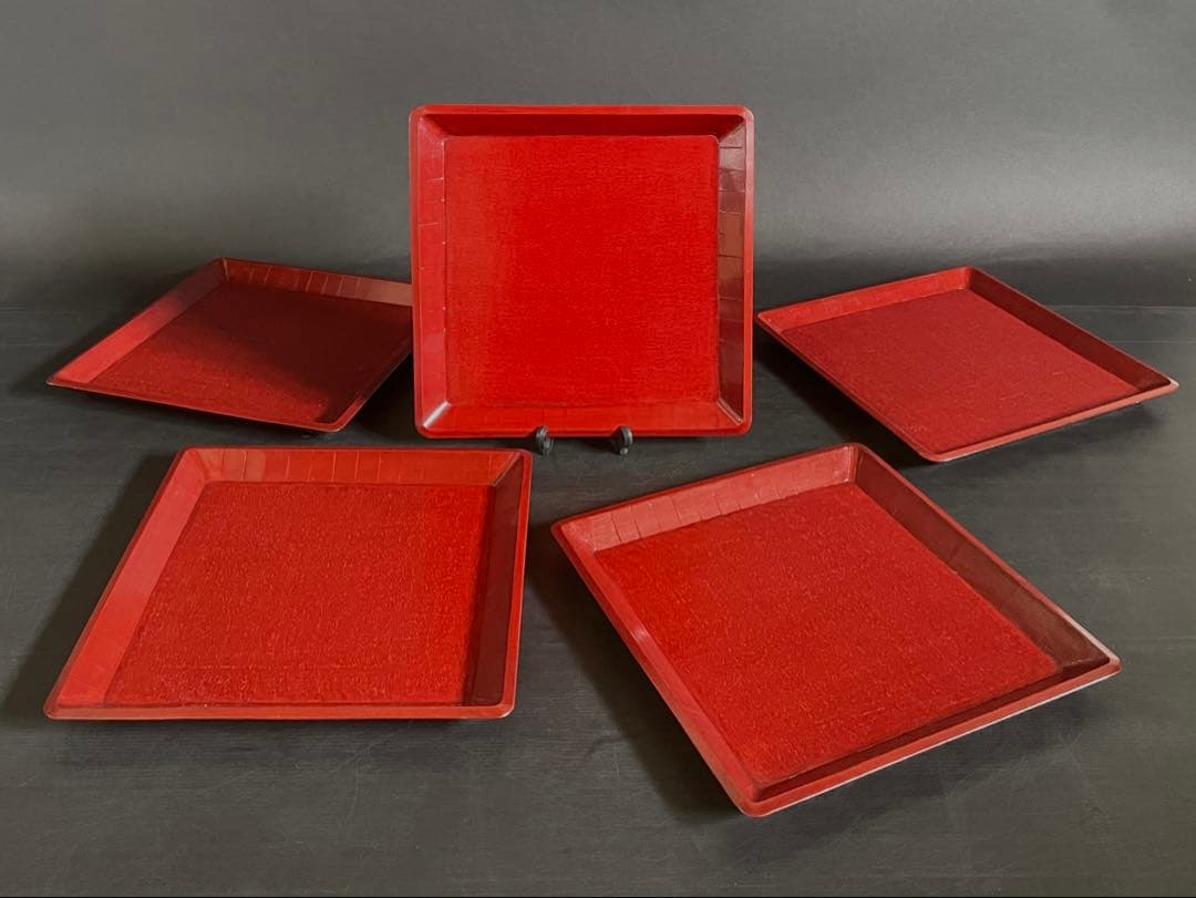 【美品】「母」 讃岐彫 四方膳 5客 朱漆 讃岐膳 一枚板くり抜き （D）