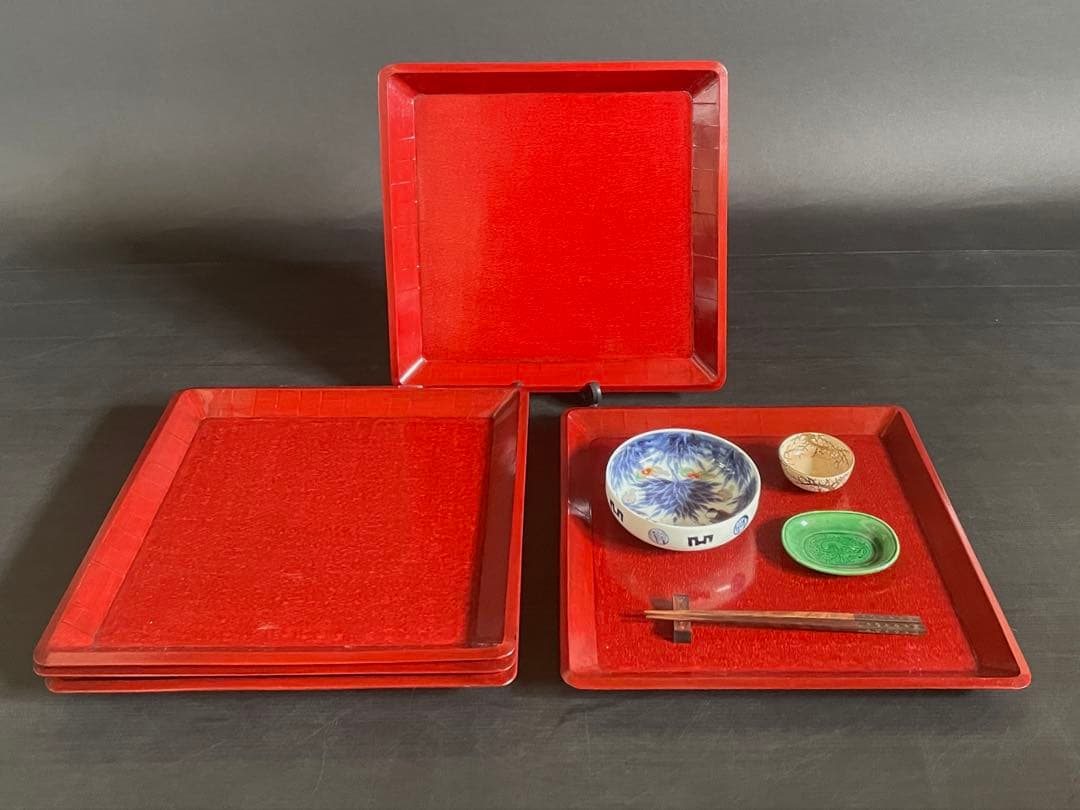 【美品】「母」 讃岐彫 四方膳 5客 朱漆 讃岐膳 一枚板くり抜き （D）