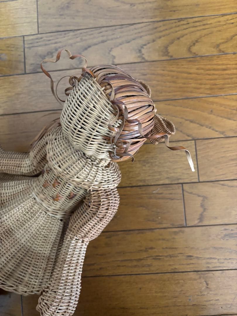 昭和レトロ　ラタン　籐製手作りポニーテールの女の子人形　高さ46cm