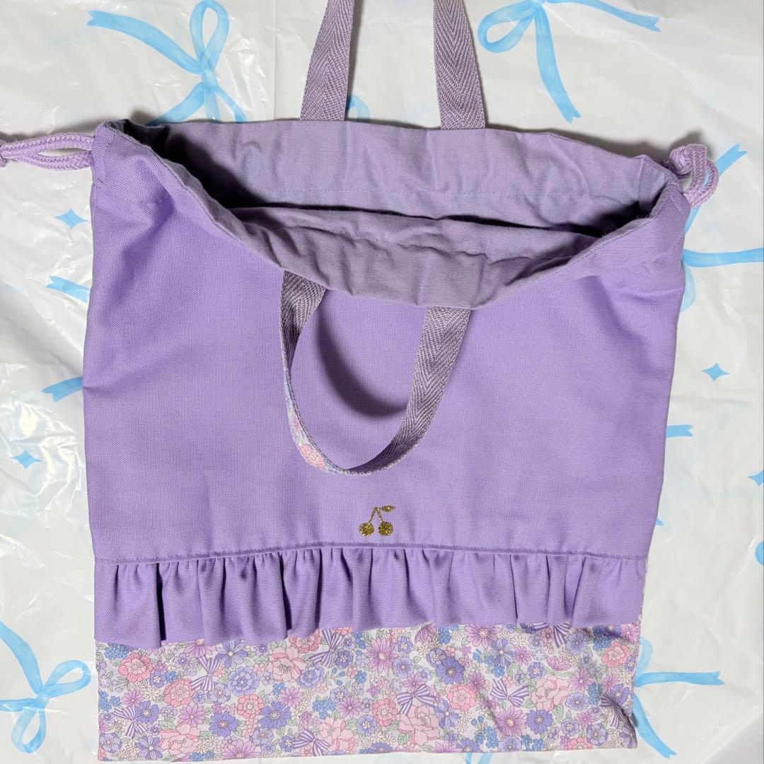 パープル×リボン花柄　レッスンバッグ　上履き入れ　体操服袋　ハンドメイド