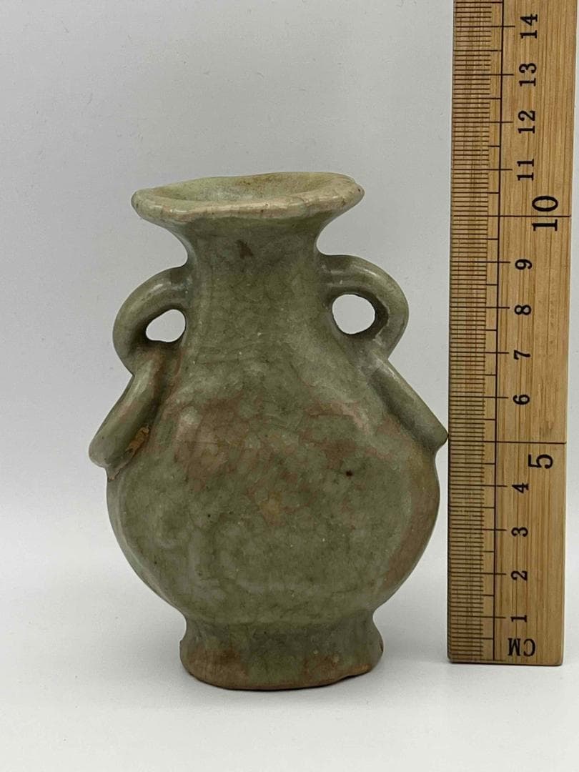 A 元時代　龍泉窯　青磁【福壽】文字 双象環耳瓶　花入　花瓶(F-88)
